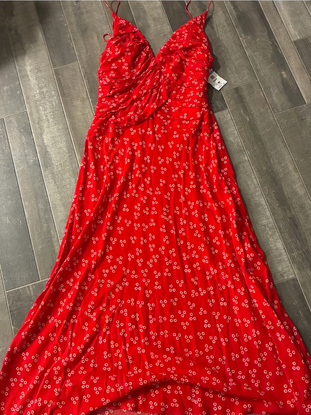 red ditsy floral strapless maxi dress